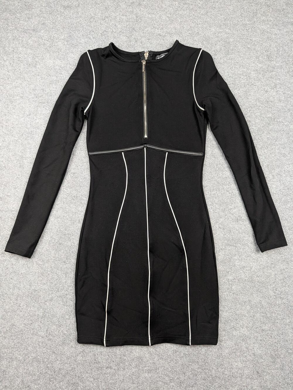 Maniere De Voir Dress Womens 10 Black Zip Front Back Bodycon Mini Long Sleeve